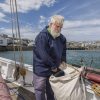Cornish smock on boat with large canvas bag